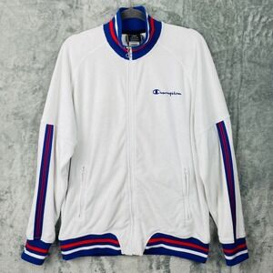 Champion Terry Cloth Track Jacket Mens Large White Red Blue Stripe Retro Zip-Up